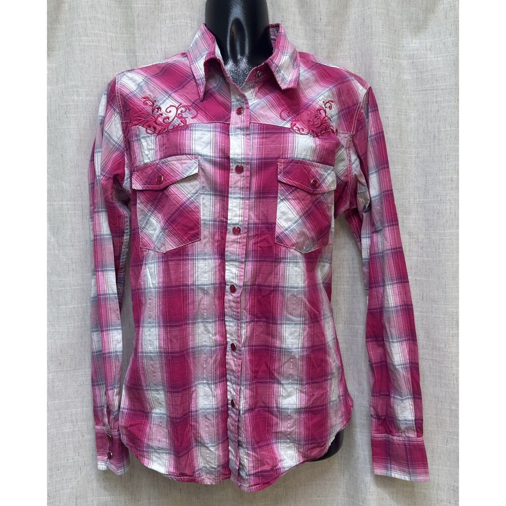 Cowgirl Hardware Women's Pink Pearl Snap Plaid Shirt With Embroidery SzM Western